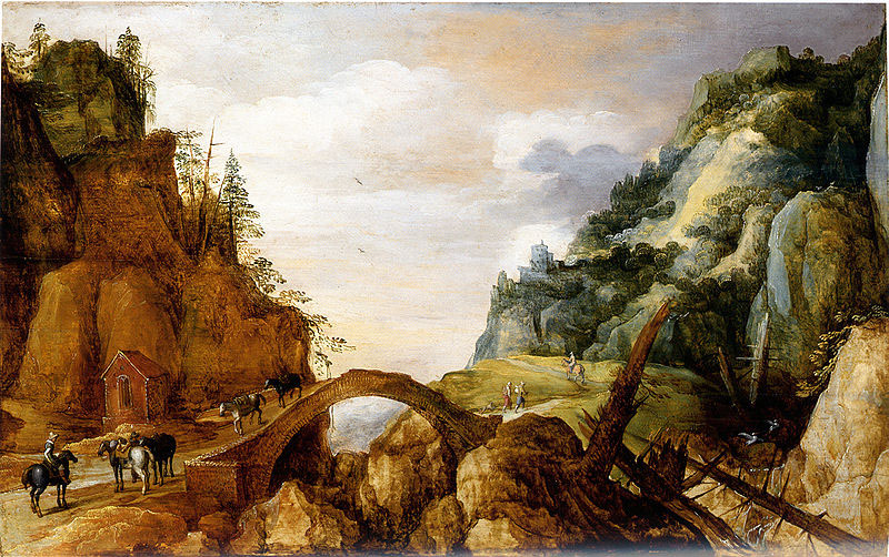 Joos de Momper mountainous landscape with horsemen and travellers crossing a bridge.